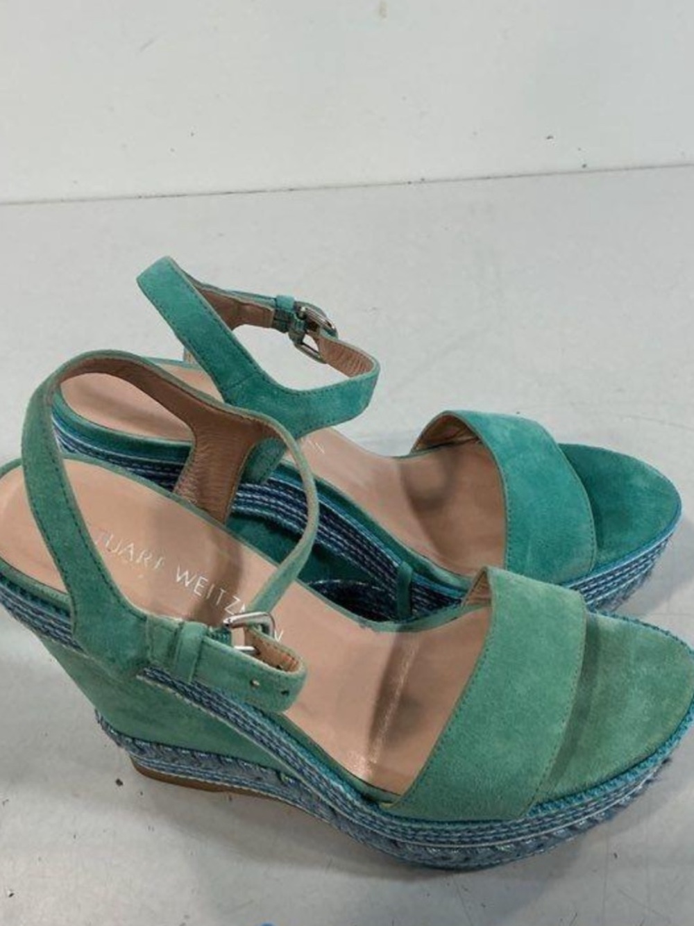 Women’s Stuart Weitzman Teal Suede Platform Wedge Sandals Size 7.5M